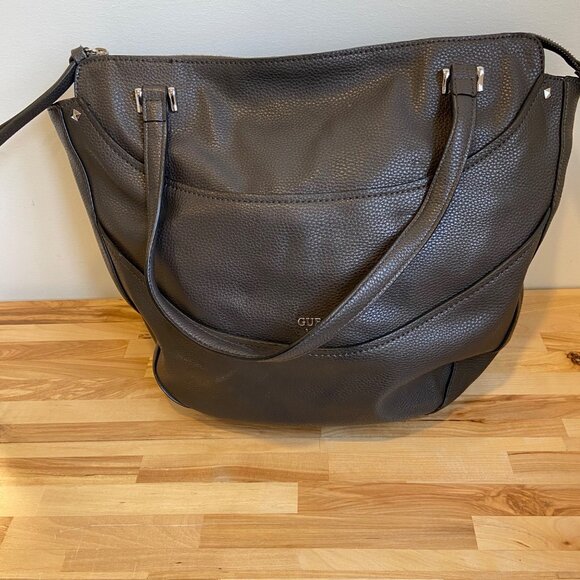 Guess Dark Brown Pebbled vegan Leather Large Tote Shoulder Bag With Dual Straps - Picture 4 of 14